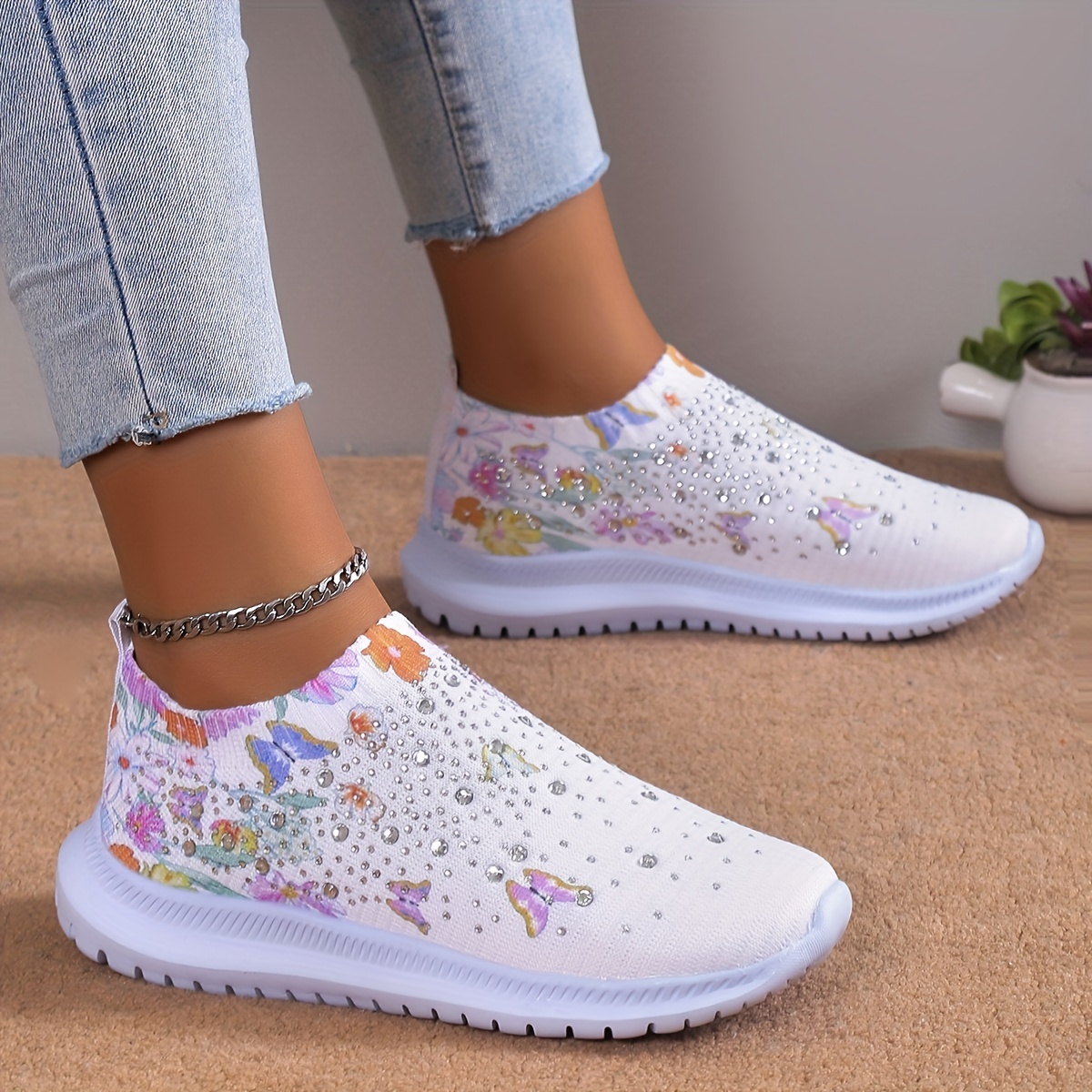 Womens Butterfly Print Sports Shoes Hotfix Rhinestone Decor - Temu