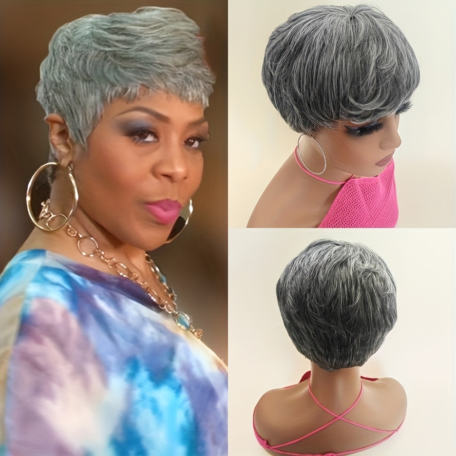 TEMU Gray Short Cut Synthetic Hair Wave Wigs With Bangs Synthetic Heat Resistant Wig For Women