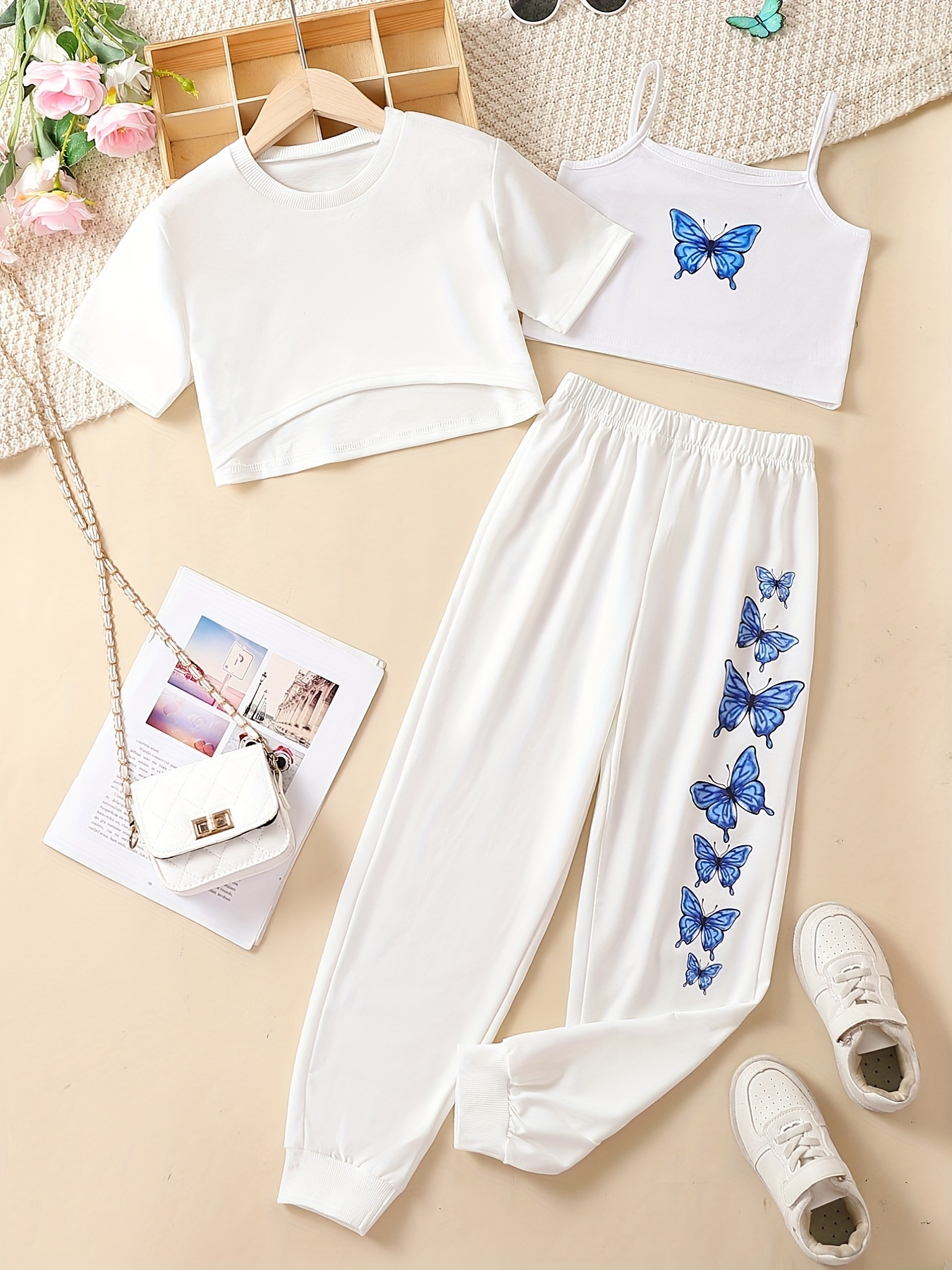 Girls 3pcs Outfits Butterfly Print Camisole + Graphic Trousers + Short  Sleeve T Shirt Cover Up Set Teen Girls Summer Clothes