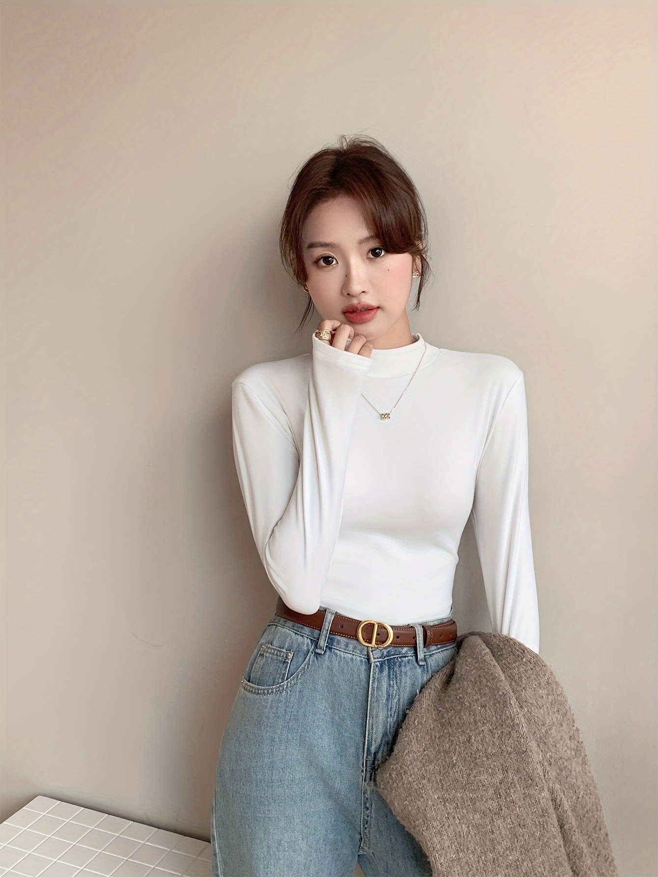 Women Mock Neck Knit Top, Casual Long Sleeve Solid Color Tee Shirt