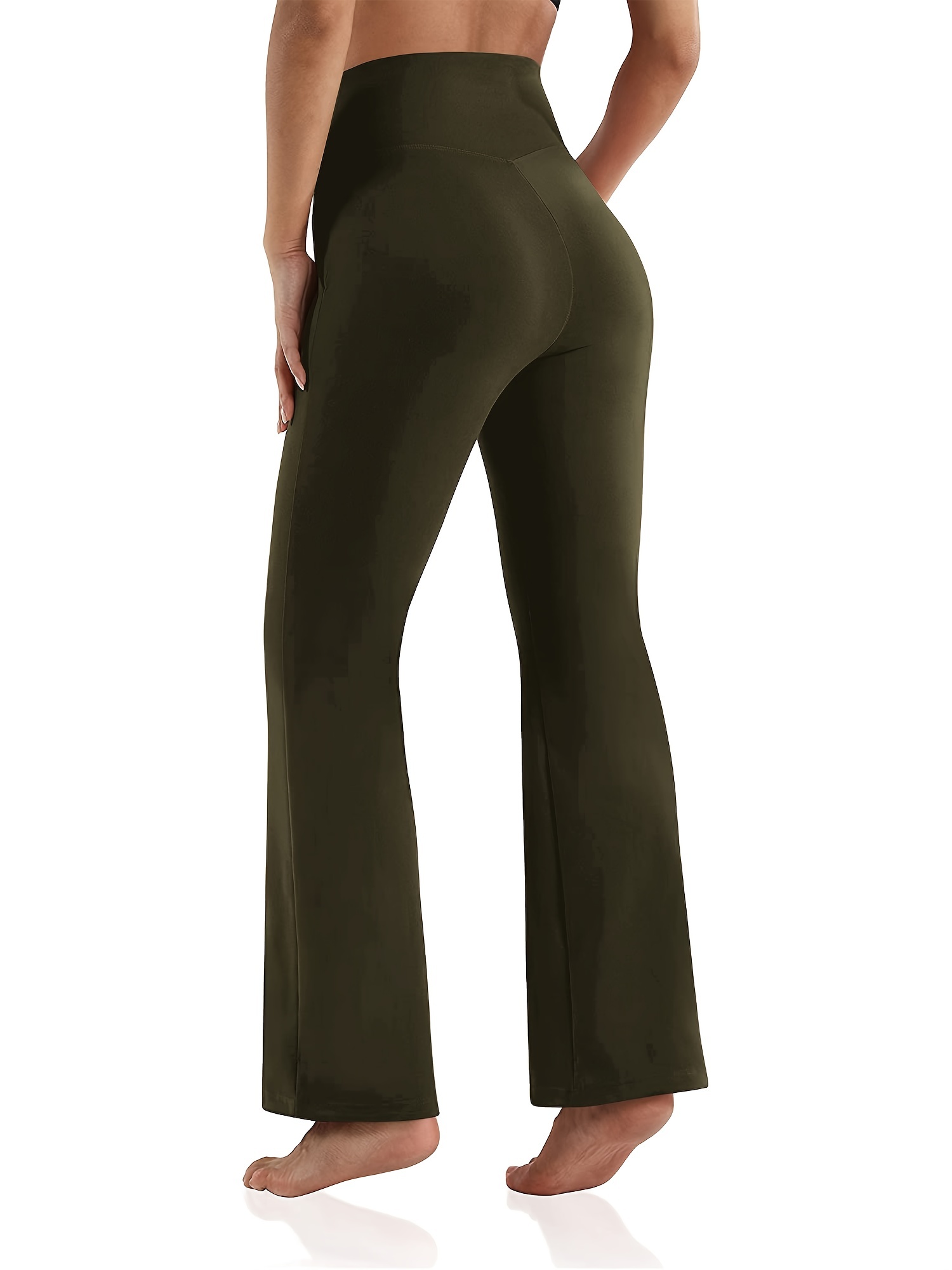 Cross Waist Solid Color Pocket Flare Leg Pants High Stretch - Temu Canada