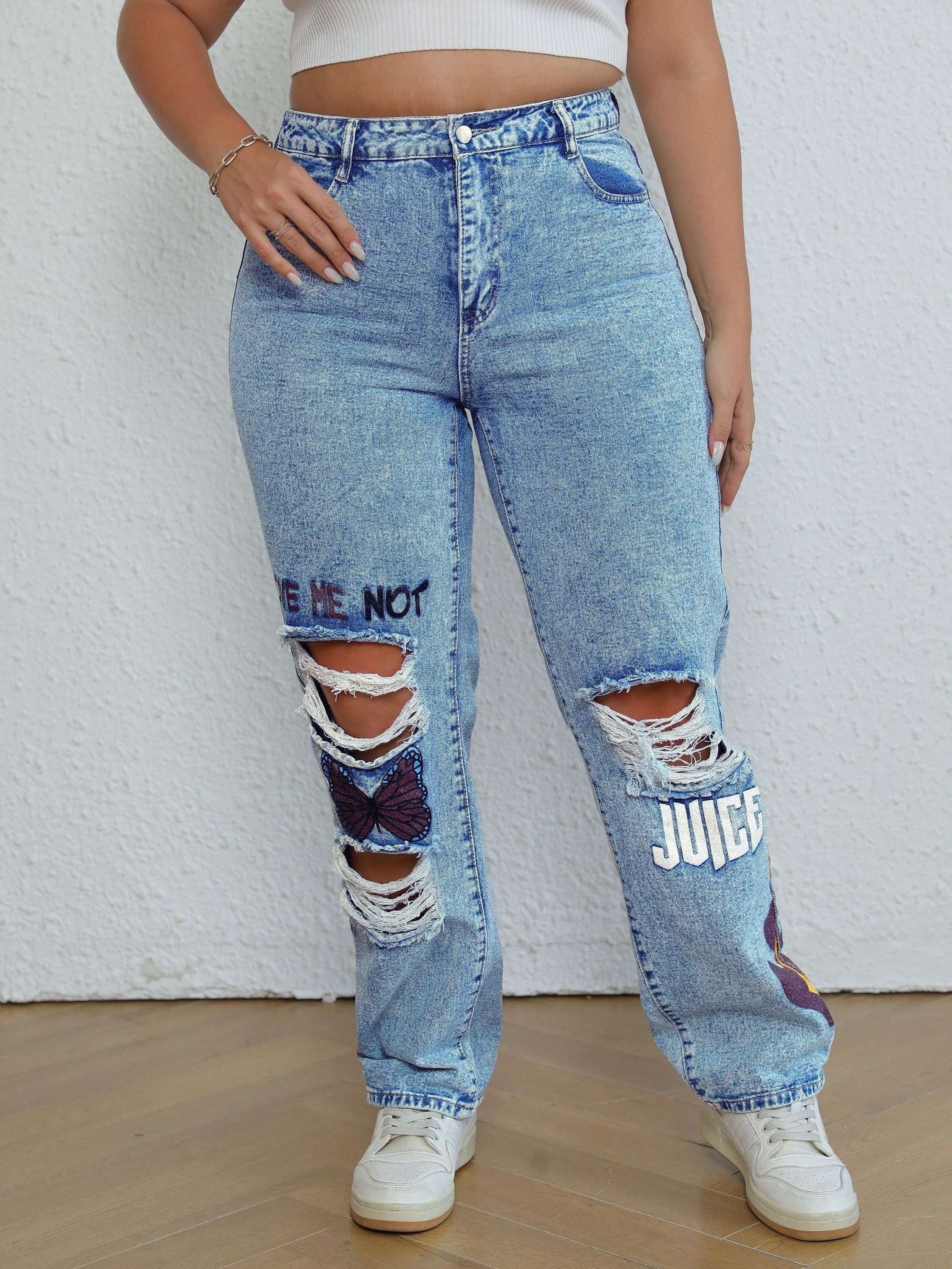 Ripped Jeans Women Plus Size - Temu Canada