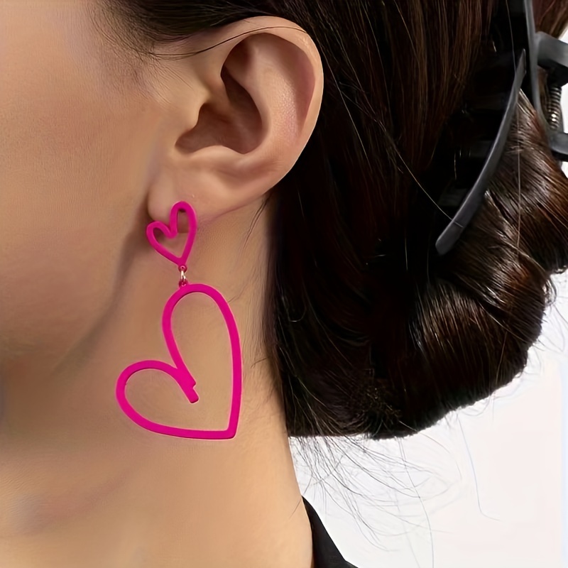 Red Heart Design Long Dangle Earrings Simple Cute Style - Temu