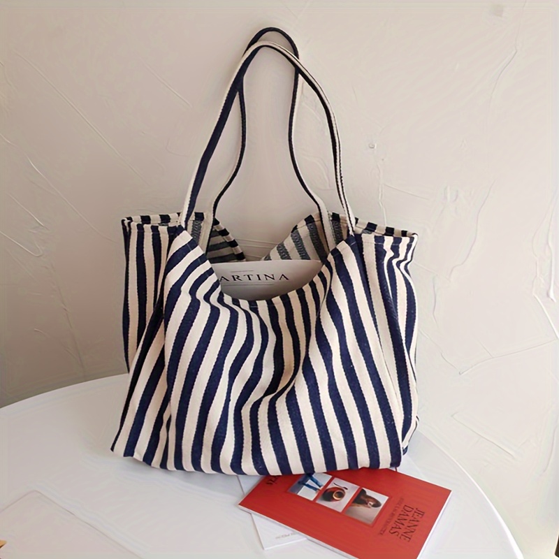 

Striped Print Casual Canvas Bag, Large Capacity Portable Shoulder Bag, Simple Design Shopping Tote Bag