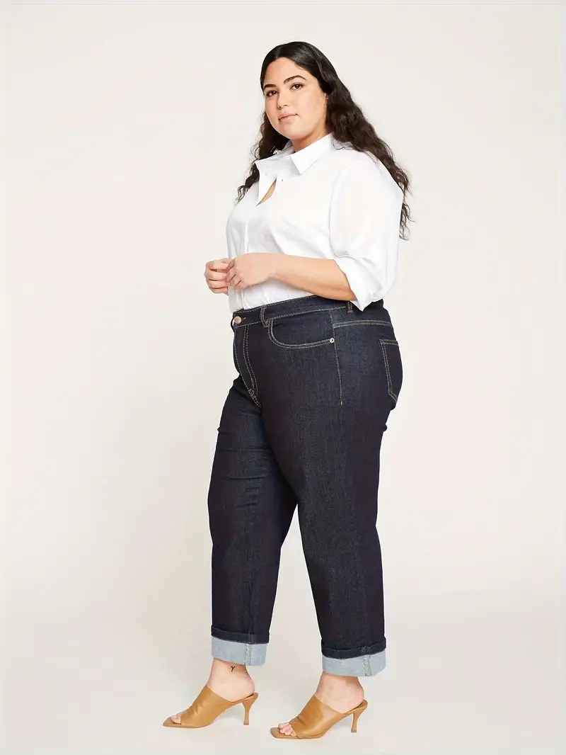 plus size casual jeans womens plus solid button fly medium stretch straight leg jeans details 4