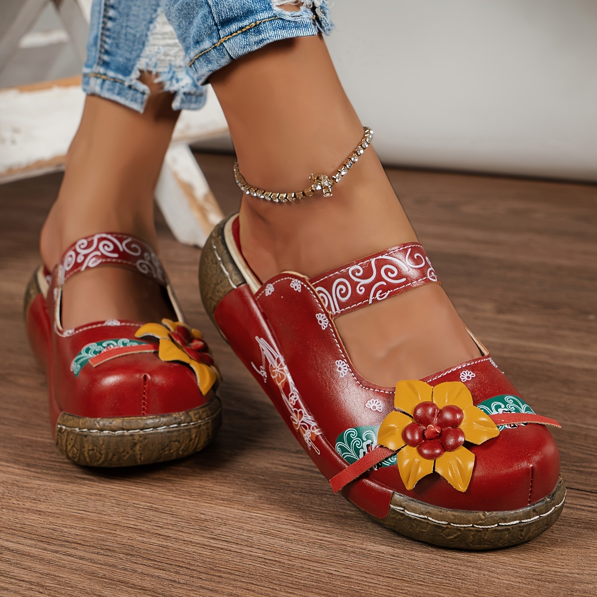 Socofy vintage colorful leather hollow out backless hot sale flower shoes