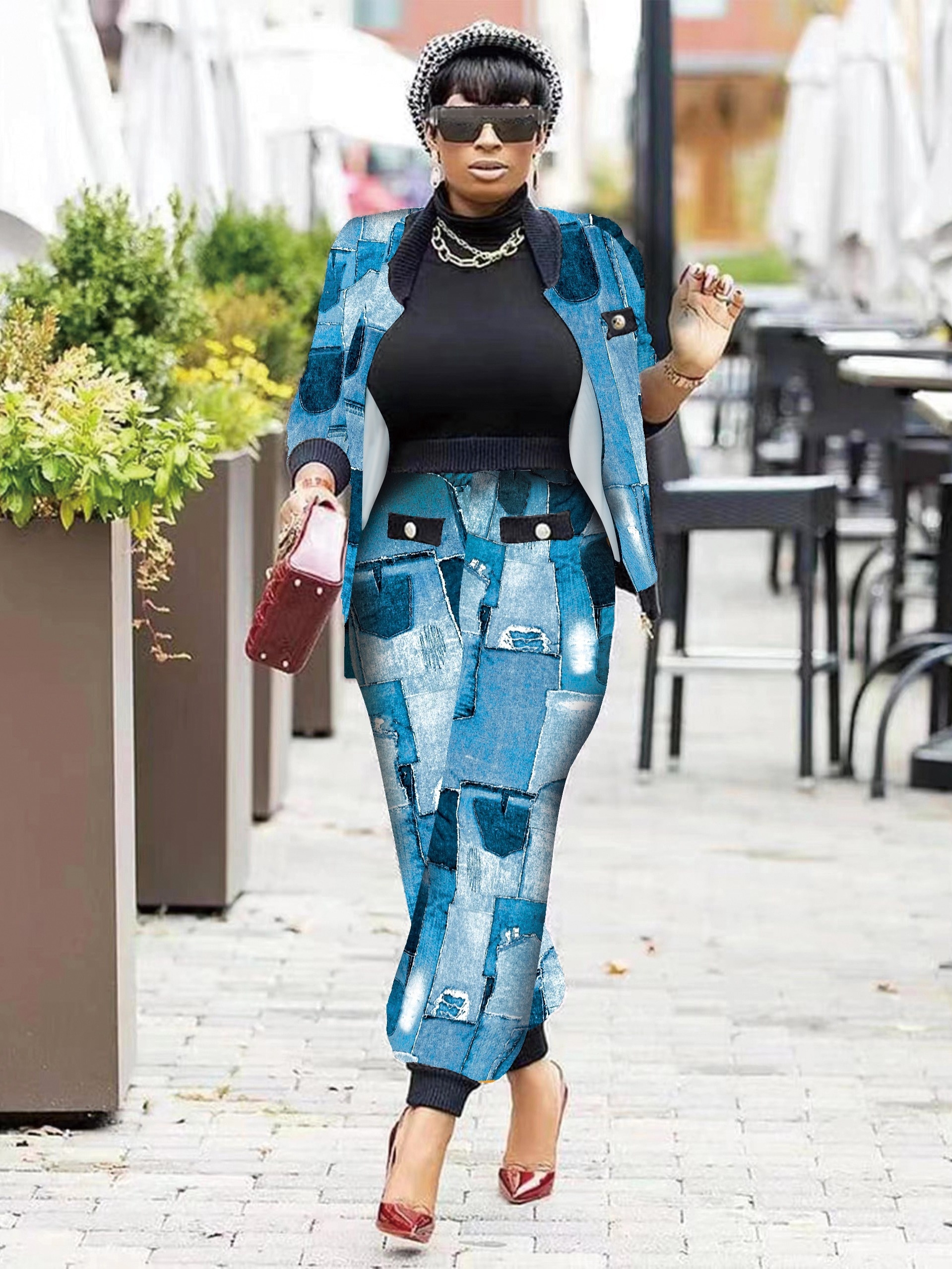 Plaid Button Two piece Set Contrast Trim Jacket & Casual Pants Outfits