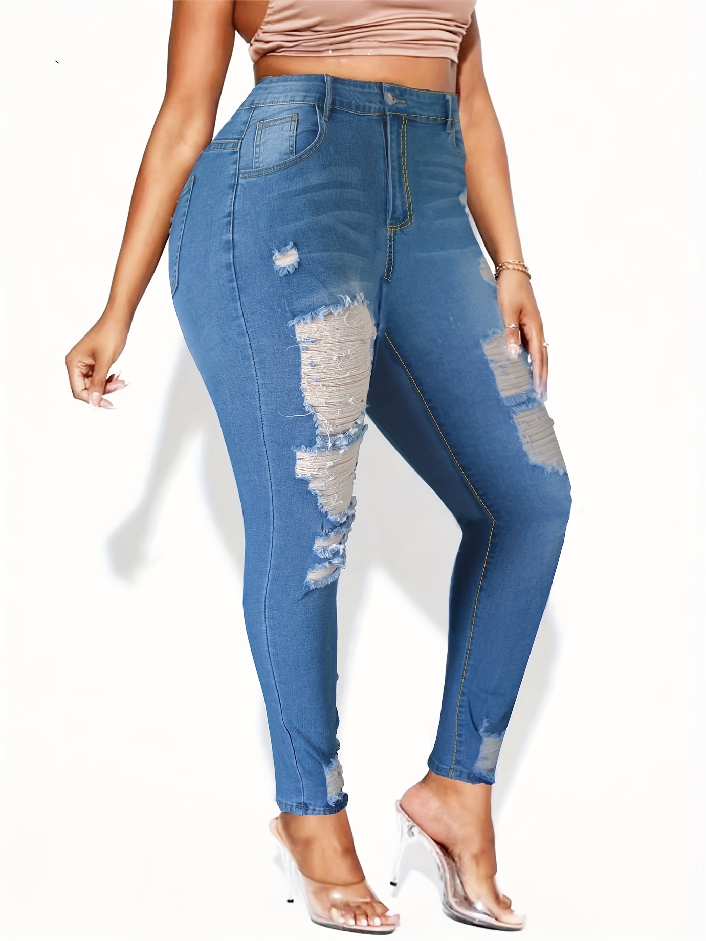 Plus Size Casual Jeans Women's Plus Ripped Button Fly Medium - Temu