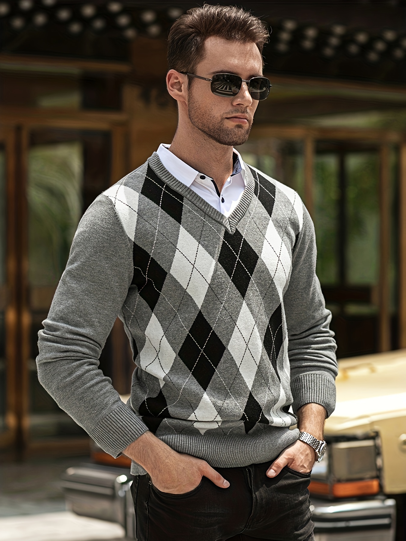 Match Knitted Retro Argyle Sweater Men's Casual Warm - Temu Germany
