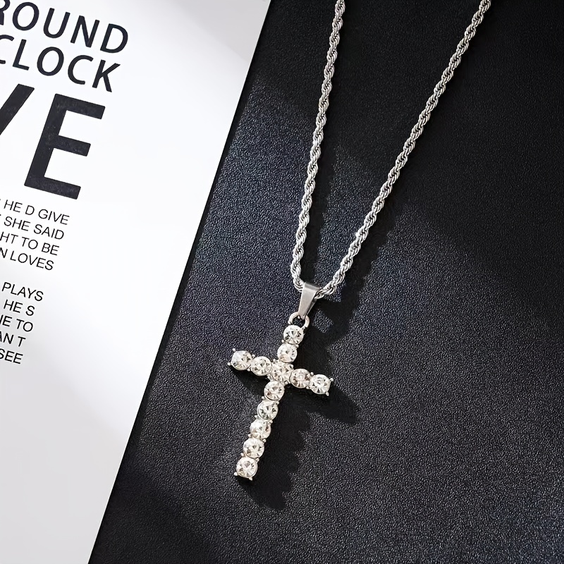 Silver rhinestone cross on sale necklace