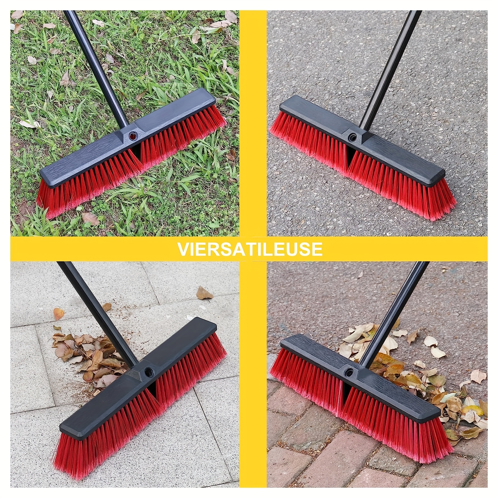 Push Broom Stiff Indoor Outdoor Rough Surface Floor Scrub Brush  17.7 inches Wide 61.8 inches Long Handle Stainless Steel, for Cleaning  Bathroom Kitchen Patio Garage Deck Concrete Wood Stone Tile Floor 