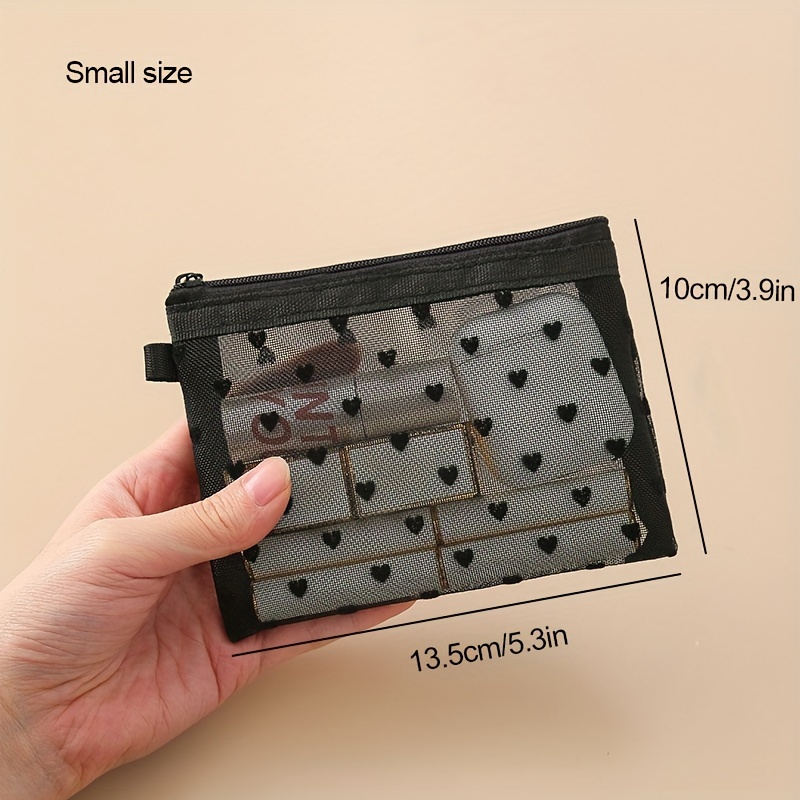 TEMU Love Pattern Mesh Cosmetic Bag Portable Lipstick And Brush Storage Bag Compact Mesh Storage Bag