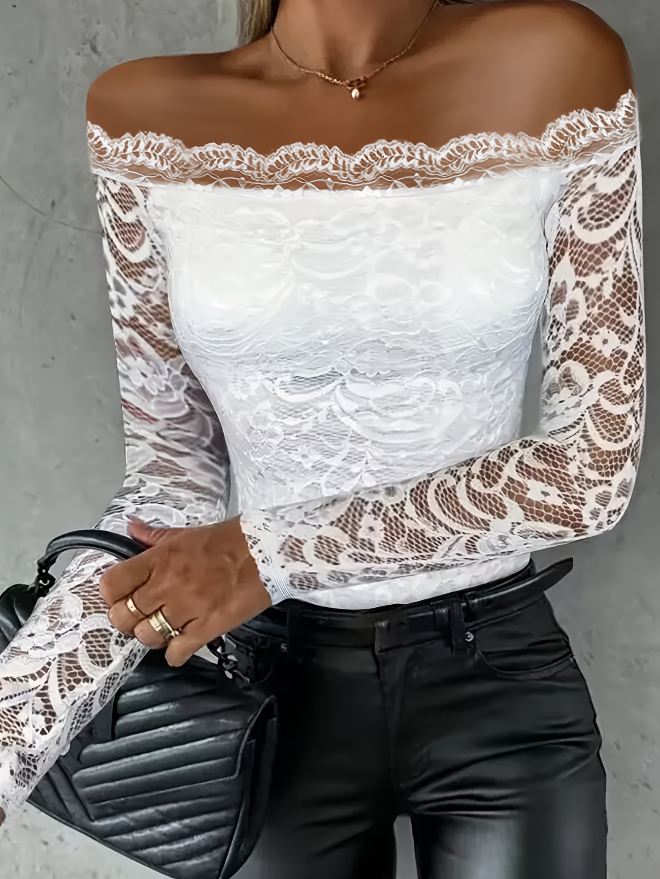 Contrast Lace Solid T-shirt, Elegant Plunge Neck Long Sleeve T-shirt,  Women's Clothing