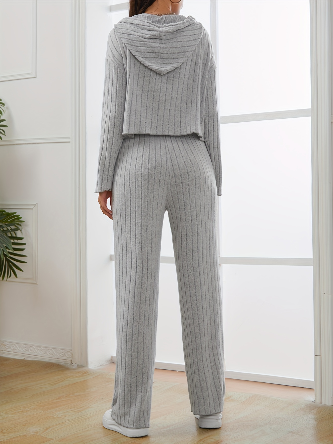 Solid Ribbed Knit Lounge Set With Coat