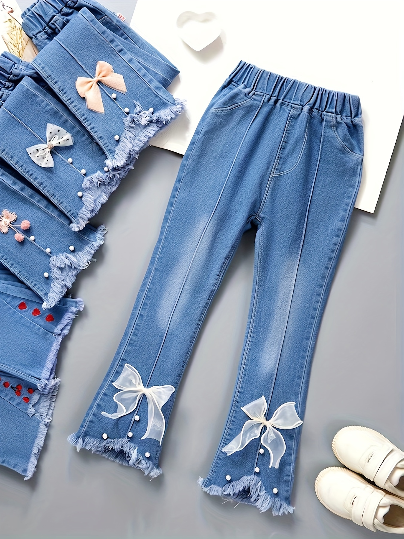 Kids Girls Bootcut Lace Bowknot Details Pull-on Jeans, Casual Cute Flare  Pants For All Seasons Outwear