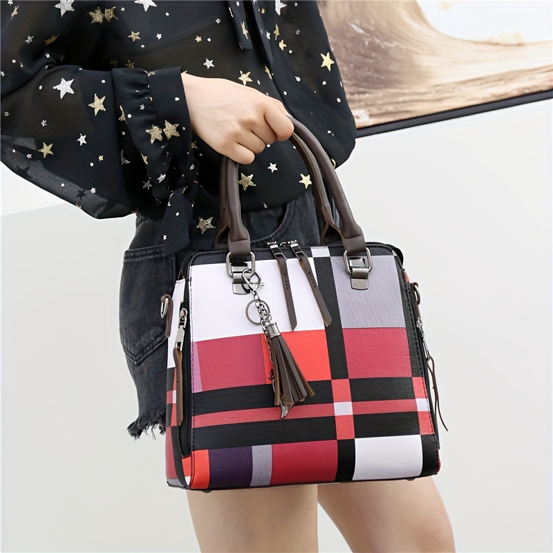 Plaid Pattern Handbag Set Women's Colorblock Tote Bag - Temu