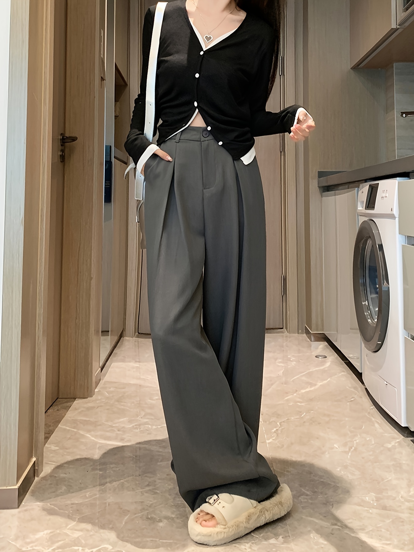 Solid Draped Wide Leg Suit Pants Casual High Waist Loose - Temu Philippines