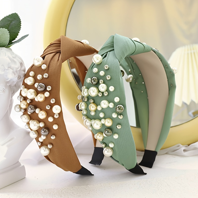 Solid Fabric Knotted Headband with Faux Pearl Hair Bow