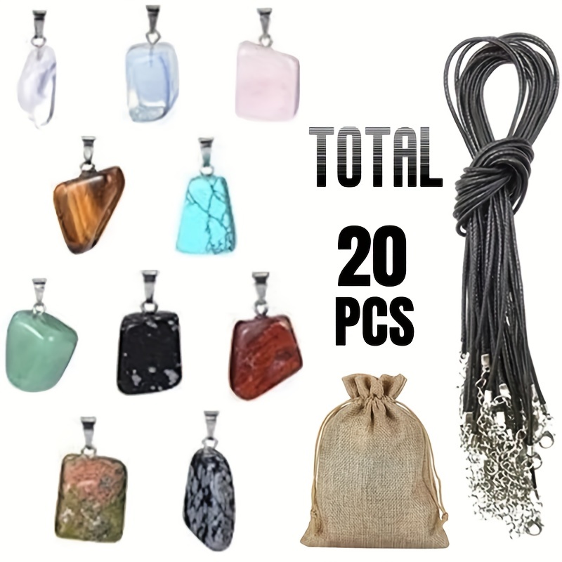 

Crystal Stone Charms Set Irregular Shape Gemstone Chakra Beads Pendants With Black Faux Leather Necklace Chain And Storage Bag For Necklace Jewelry Making Halloween, Thanksgiving And Christmas Gift
