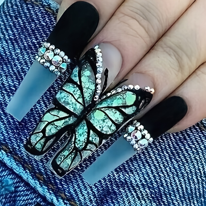 

24pcs Matte Long Ballerina Fake Nails, Lake Green Butterfly Press On Nails With Shiny Sequin Rhinestone Design, Sweet Cool Full Cover False Nails For Women Girls