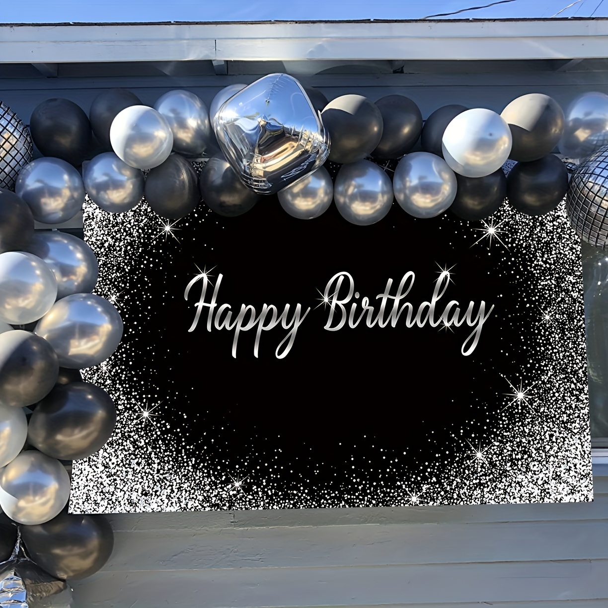 Glitter Silver Black Birthday Backdrop Silver Dots Black Photo