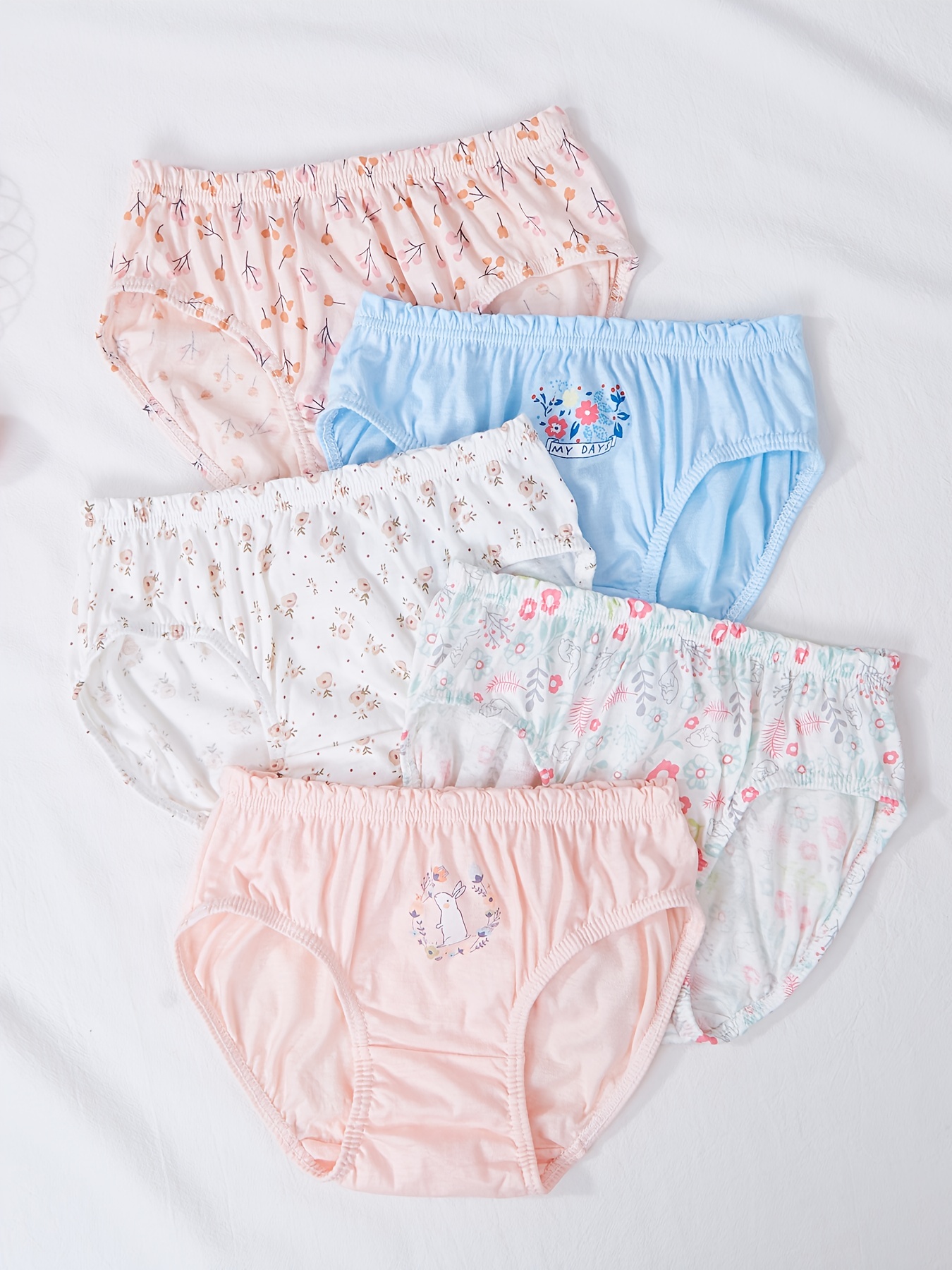 5pcs Girls Cute Bunny Print Shortie Brief Soft Cotton Breathable  Comfortable Underwear