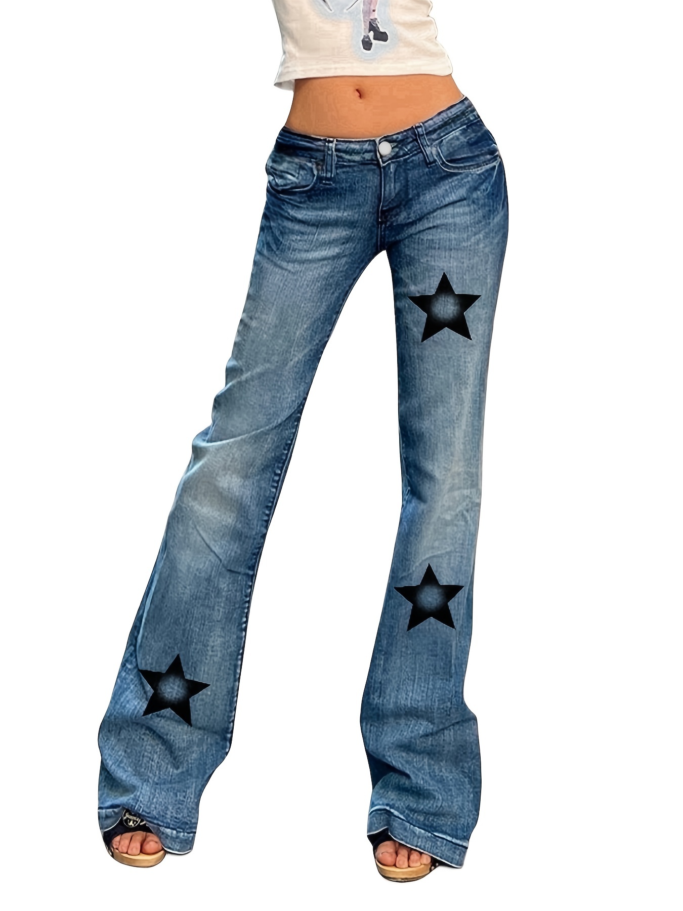 Star Graphic Washed Flare Jeans High Stretch Slant Pockets - Temu