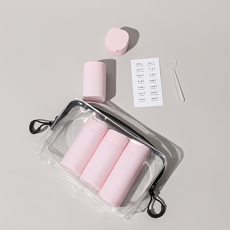 

5pcs Soft Travel Cream Dispenser Bottles Set With Sticker Spoon & Portable Eva Bag Suitable For Lotion Cleanser Shampoo Travel Essentials