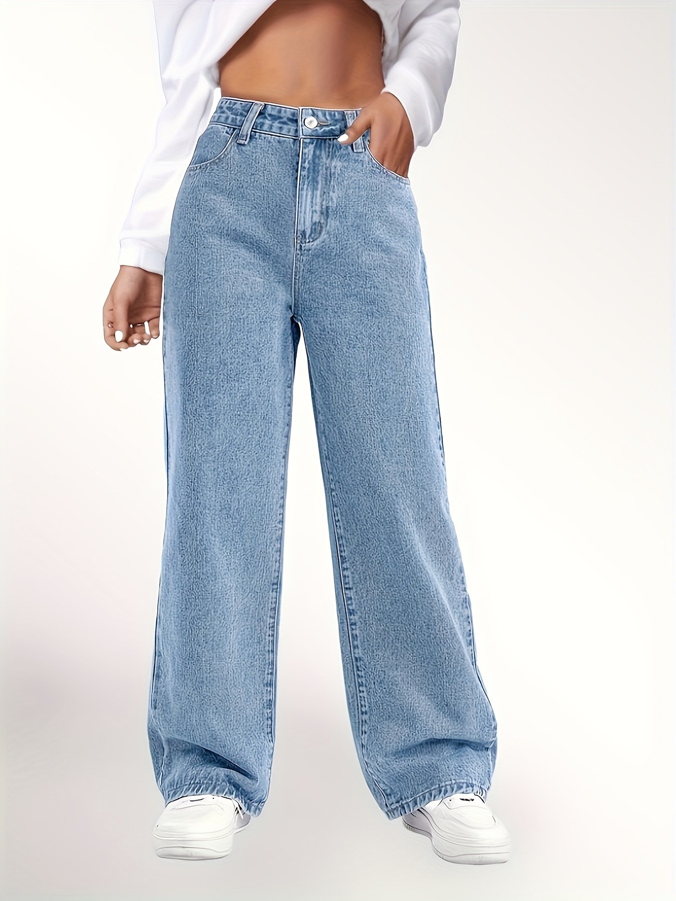Plain Loose Fit Straight Jeans, Non-Stretch Slant Pockets Casual Denim  Pants, Women's Denim Jeans & Clothing
