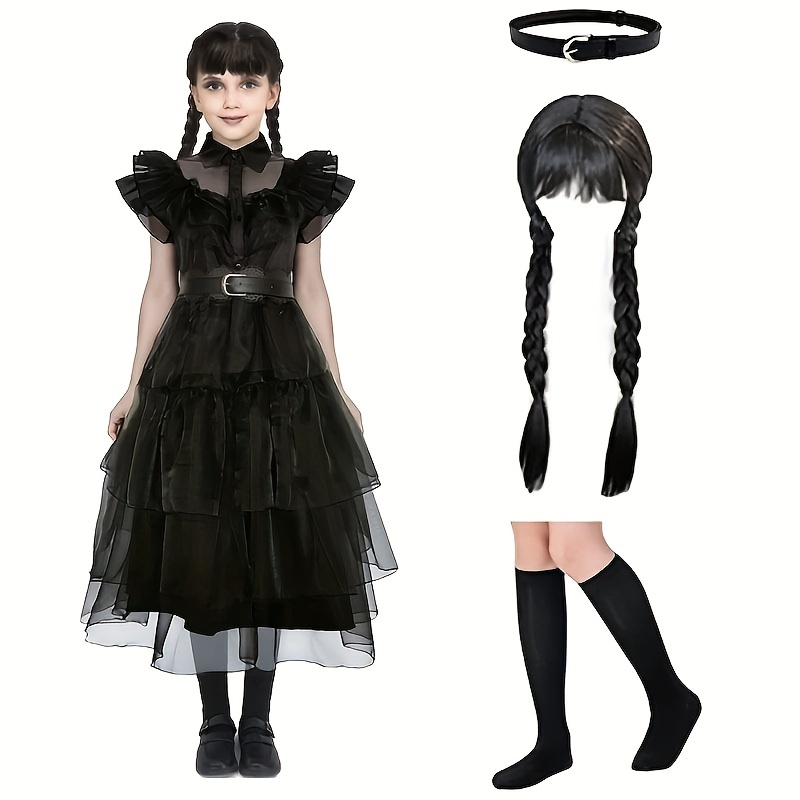 

Girls Ruffle Trim Layered Hem Mesh Dress Costume Dress Up Birthday Party Performance Cosplay Outfit Accessories Wig Necklace Ear Clip