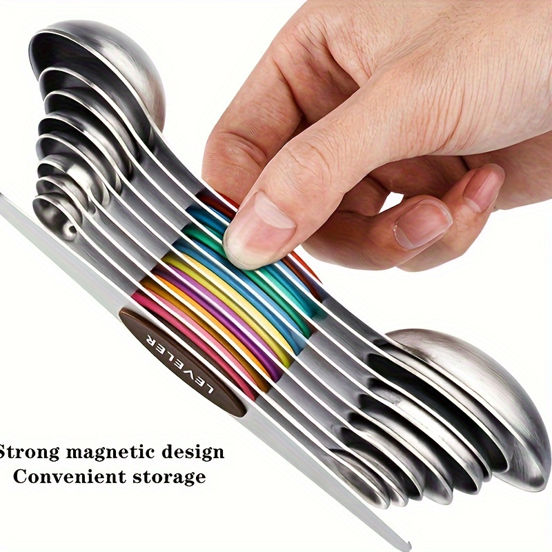 1set Magnetic & Stackable Stainless Steel Double-sided Measuring Spoon Set  With Colorful Handles For Baking And Cooking