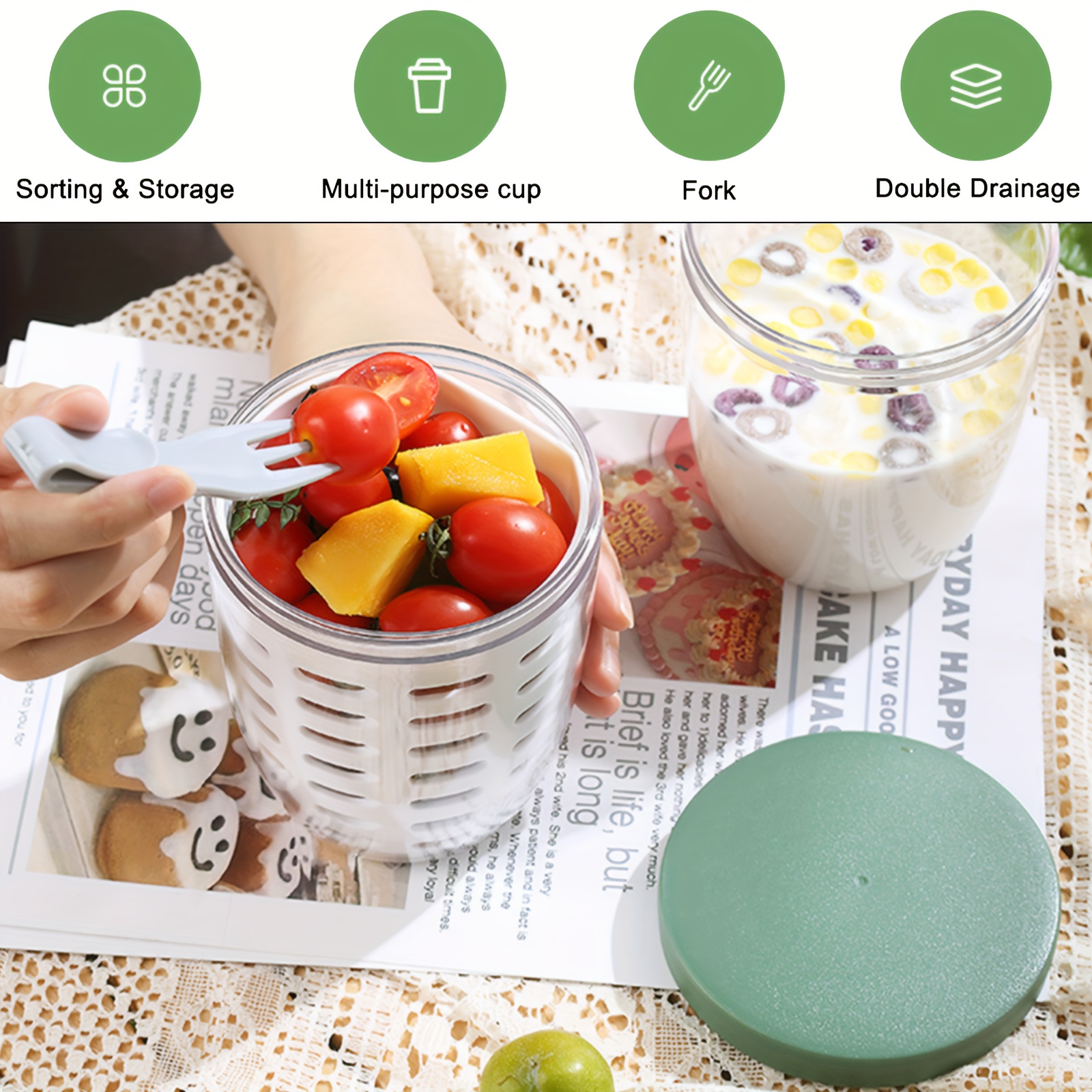 1pc 600ml Multifunctional Kitchen Food Container For Salad, Fruit
