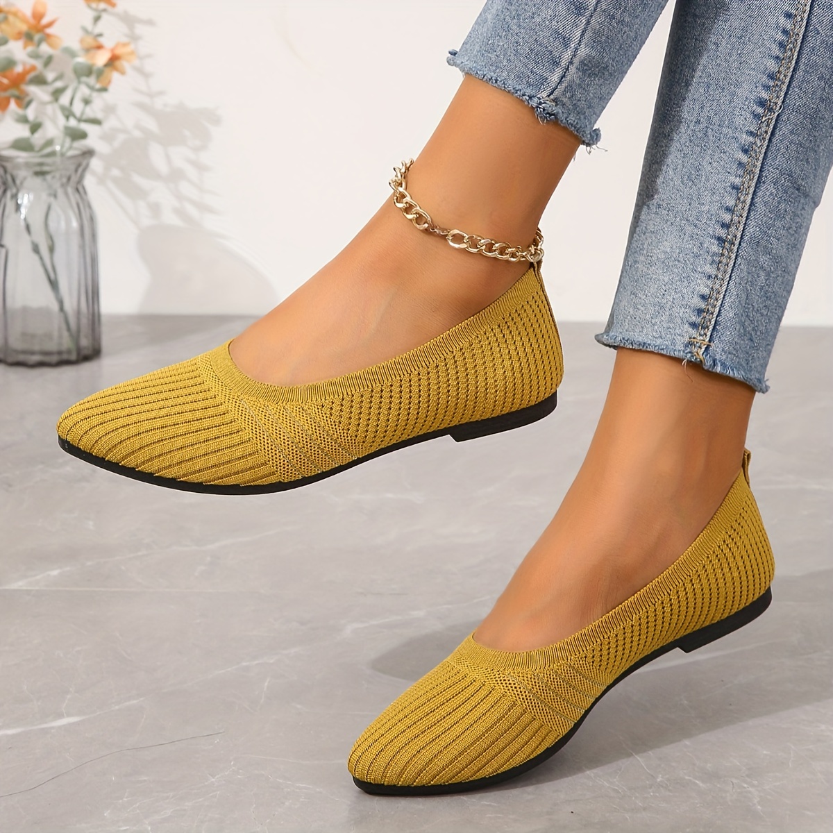 Women's Breathable Knit Flat Shoes, Casual Point Toe Slip On Shoes