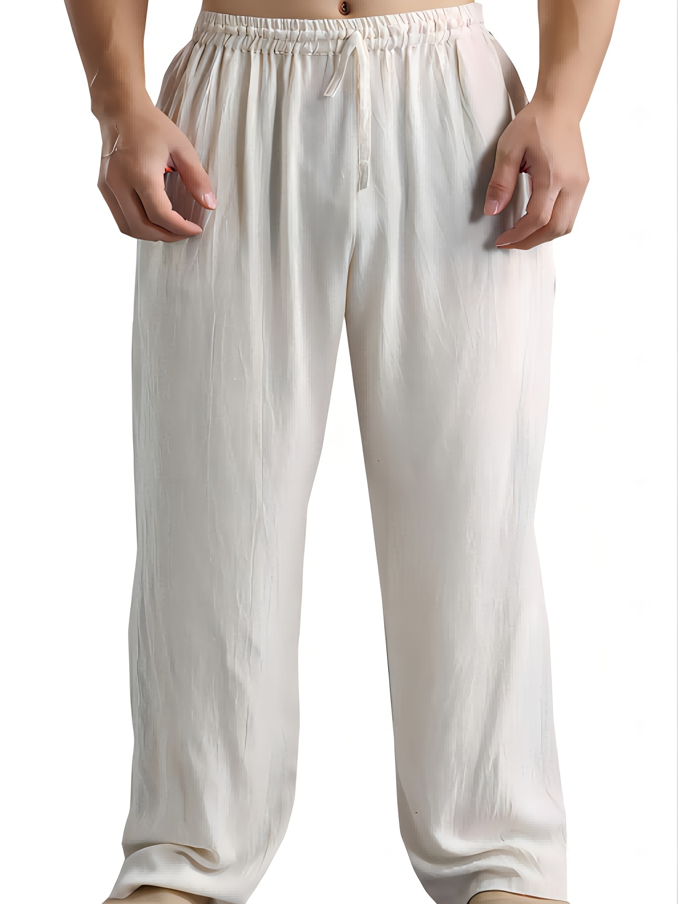 Men's Cotton Linen Blend Drawstring Wide Leg Pants Beach - Temu Canada