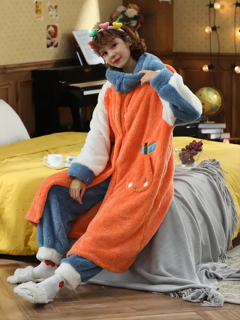Soft Flannel Colorblock Pajamas Set, Thermal Button Up Blouse Pajama  Outerwear & Elastic Waistband Pajama Pants, Women's Loungewear & Sleepwear