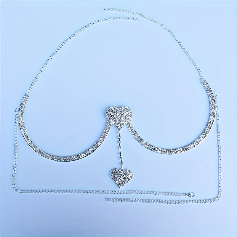 Super Shiny Love Heart Pendant Crop Top Bra Chest Chain Iced Temu