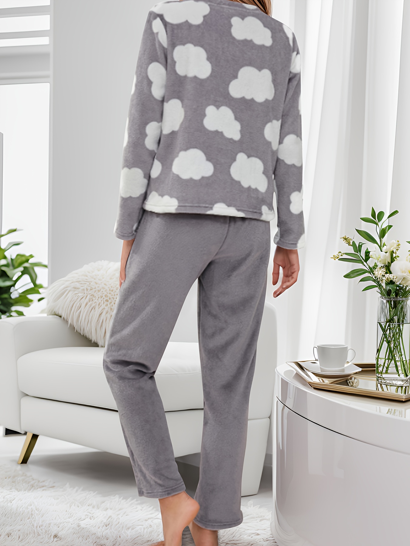 Cloud Print Fuzzy Pajama Set, Long Sleeve Crew Neck Top & Elastic Waistband  Pants, Women's Sleepwear & Loungewear