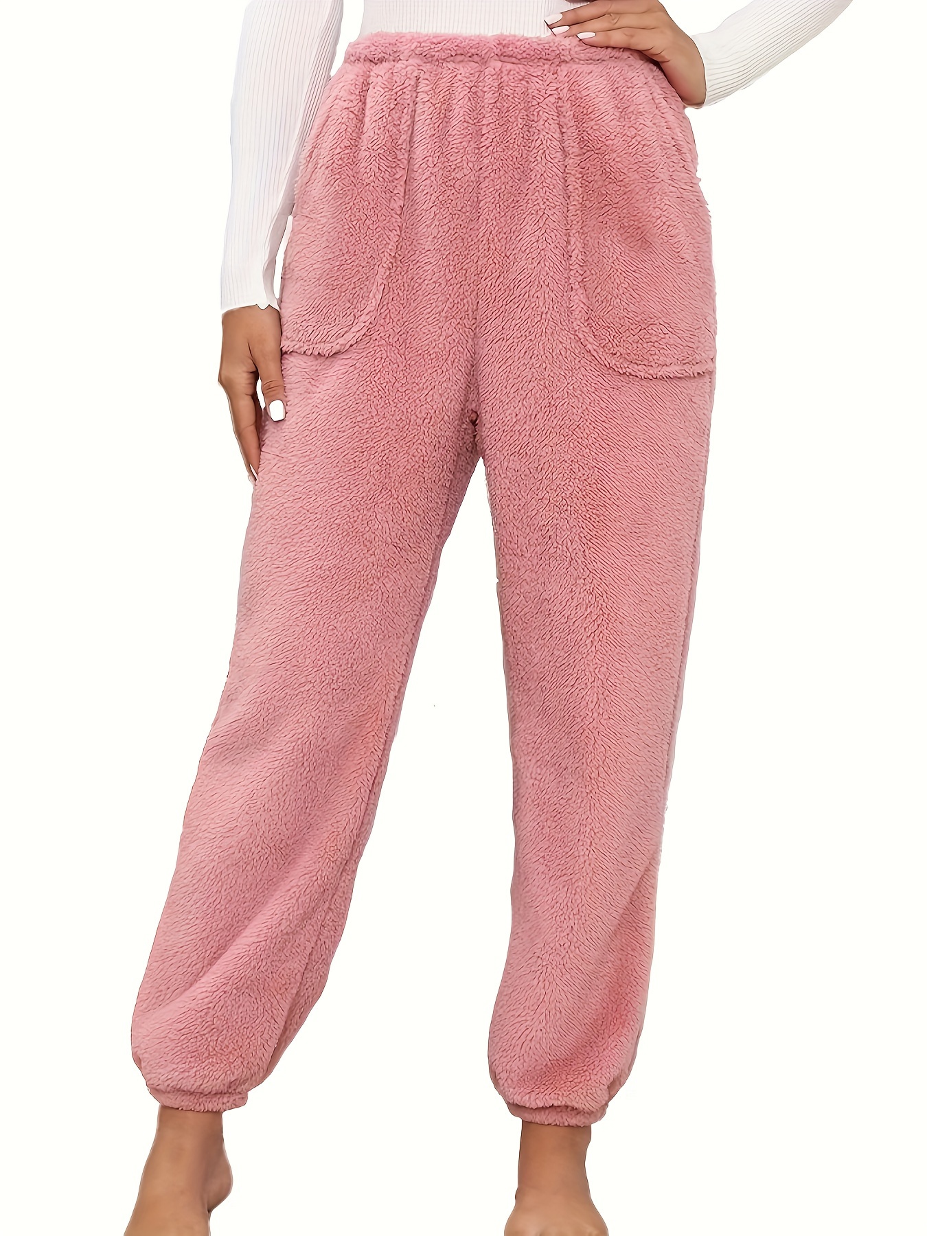 Casual Solid Fleece Lounge Pants Elastic High Waist Joggers - Temu