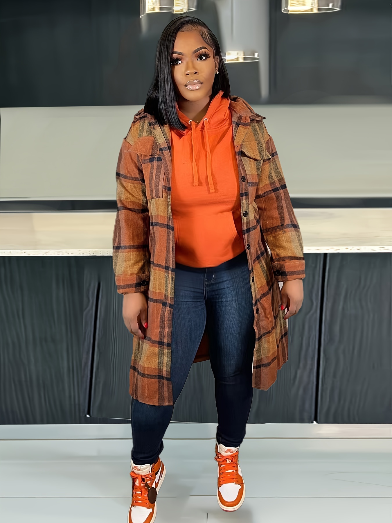 Orange plaid jacket womens sale