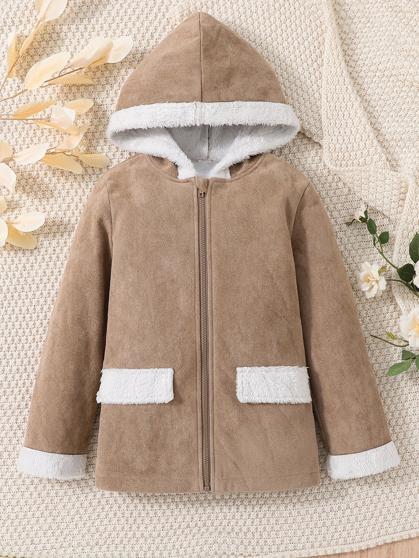 Girls Vintage Teddy Lined Zipper Hooded Jacket Coat Contrast - Temu