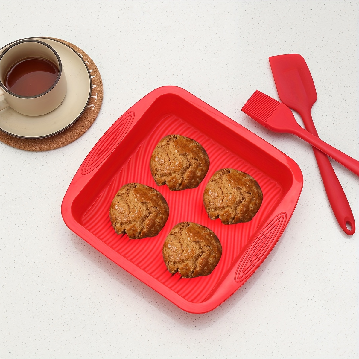 4 Piece Red Silicone Bakeware Set with Square Brownie Pan, Bread Loaf,  Round Cake and Pie Pans (Nonstick)