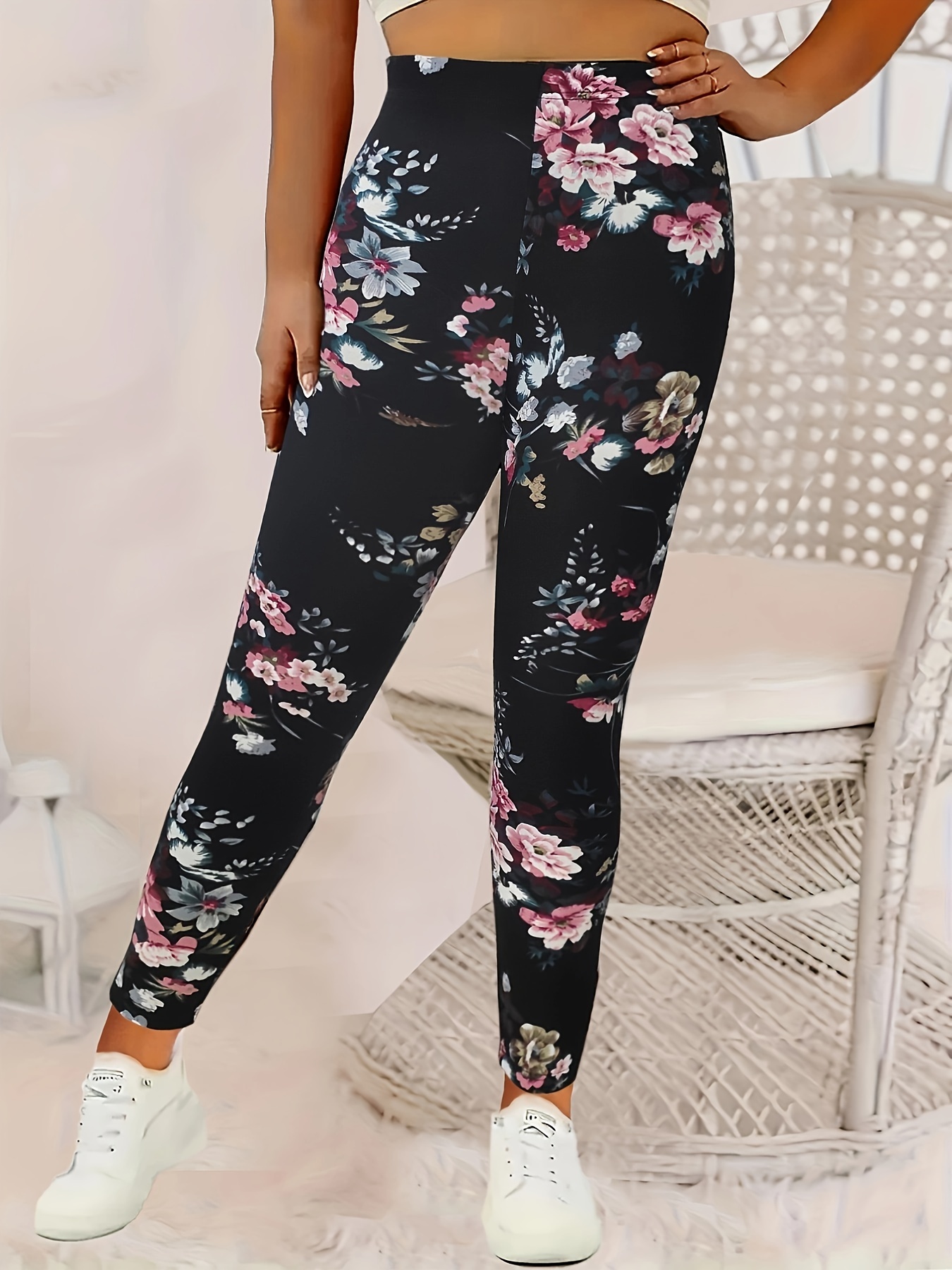 Floral Print Skinny Leggings Casual Elastic Waist Stretchy - Temu