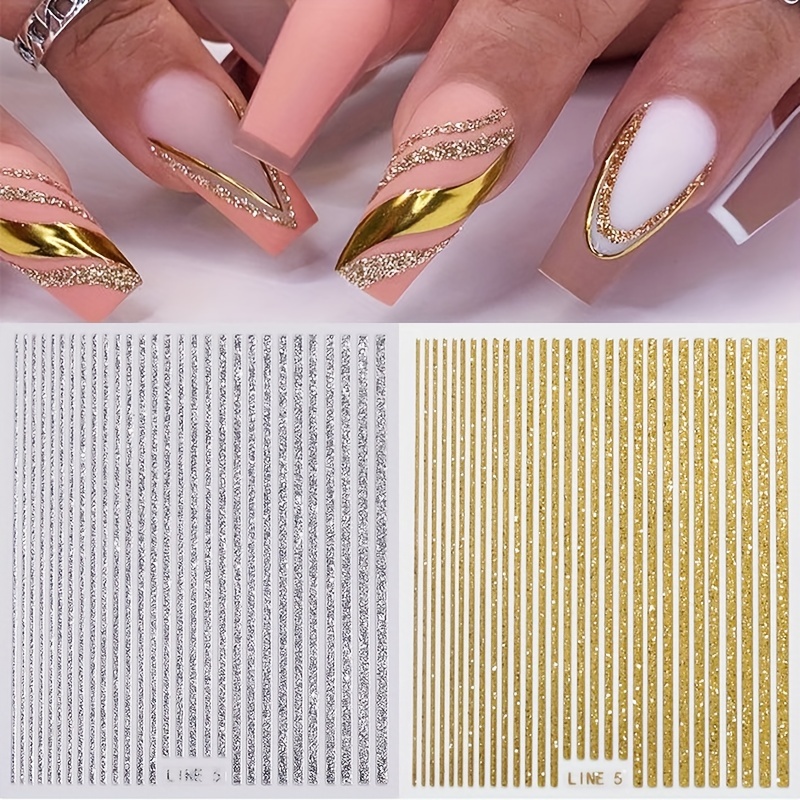 3D Nail Stickers Reflective Glitter Gold Silver Line French Tips Nail Art  Decals