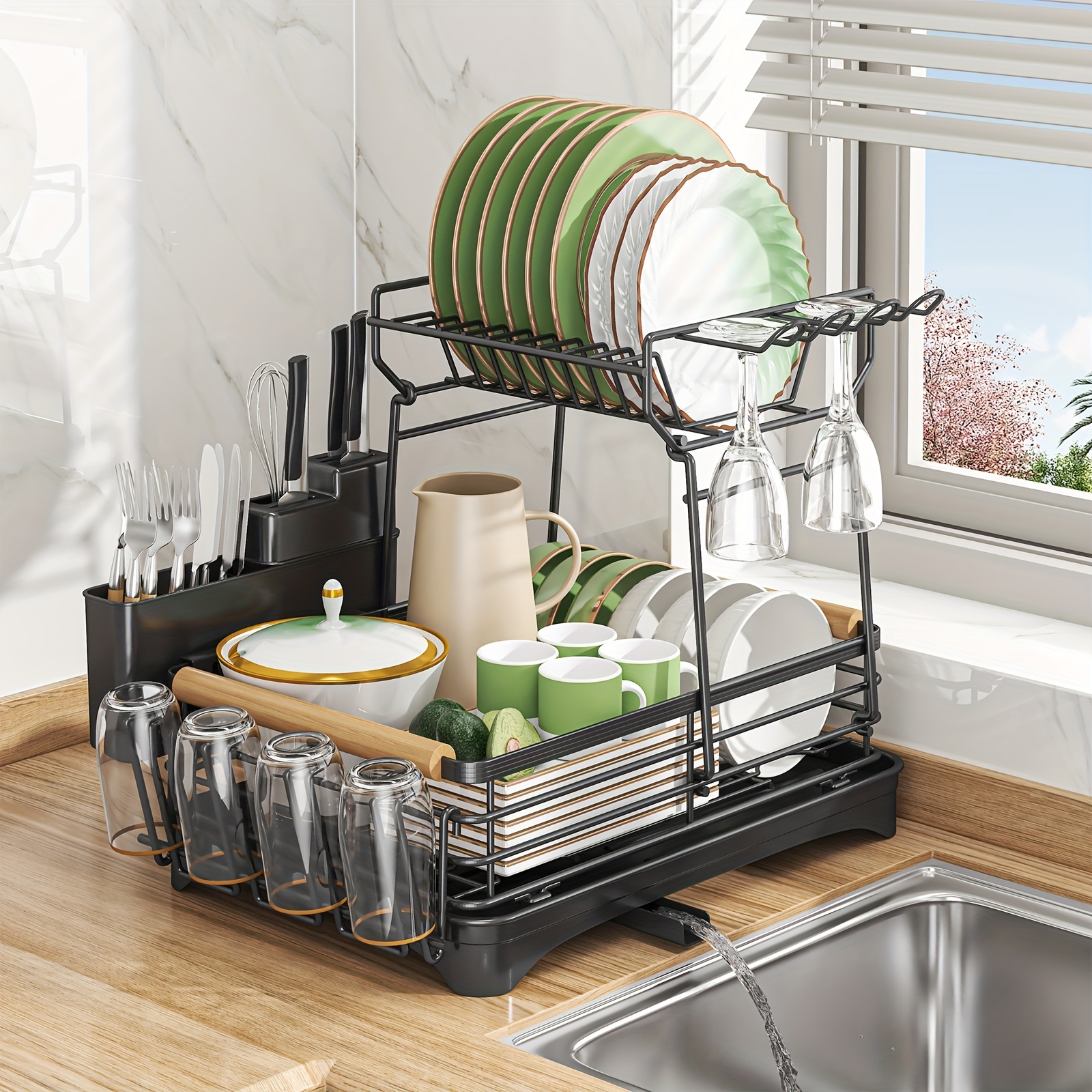 2-Tier Dish Drying Rack for Kitchen Counter, Anti-Rust Dish Drying Rack  with Drainboard, Large Capacity Dish Rack with Glass Cup Holder and Utensil