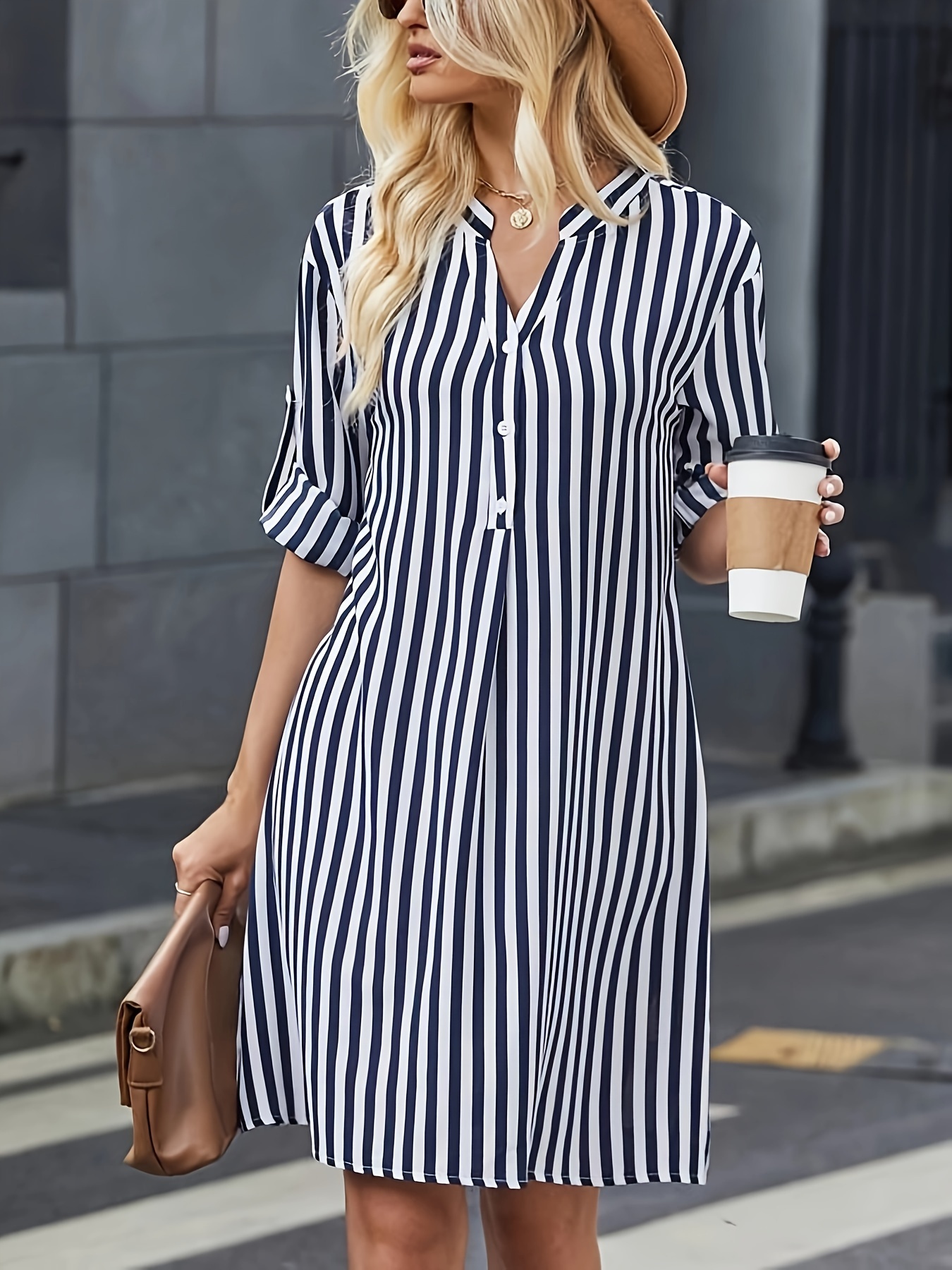 striped print notched neck dress casual long sleeve button front dress for spring fall womens clothing details 4