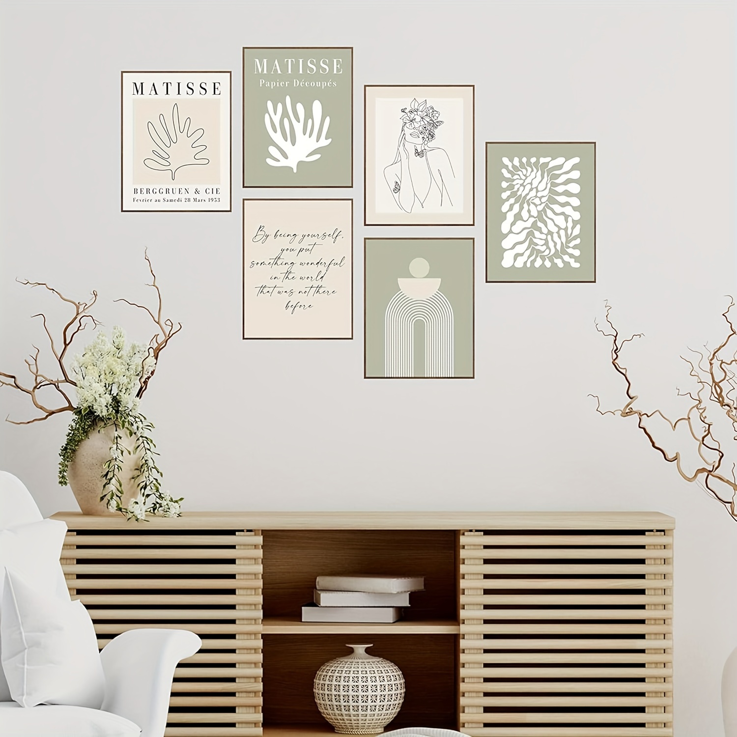 6pcs Sage Green Wall Art Prints, Aesthetic Posters, That Girl Room Decor  Neutral Sage Green And Beige Office Wall Art, Boho Bedroom Decor For Women,  T