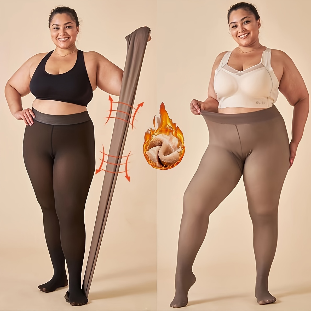 Solid color peach skin fleeced lined plus size leggings. - One
