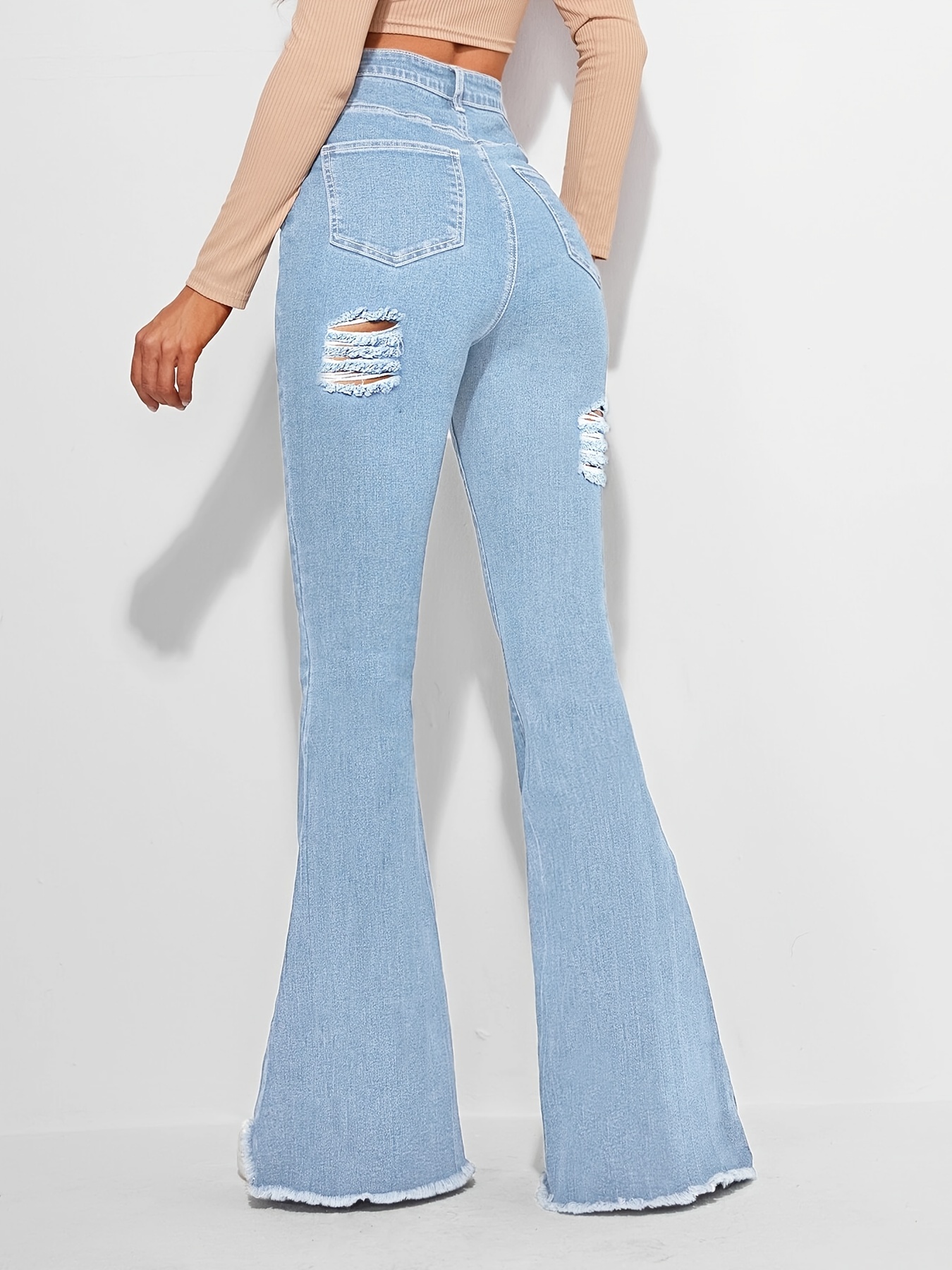 Ripped High Waisted Women's Bell Bottom Jeans - Flared Denim Pants