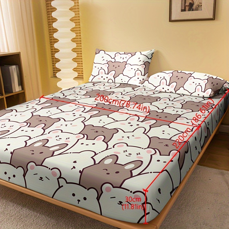 1 Printed Matte Fitted Sheet, Teddy Bear Printed Bed Cover For Bedroom, Bedding