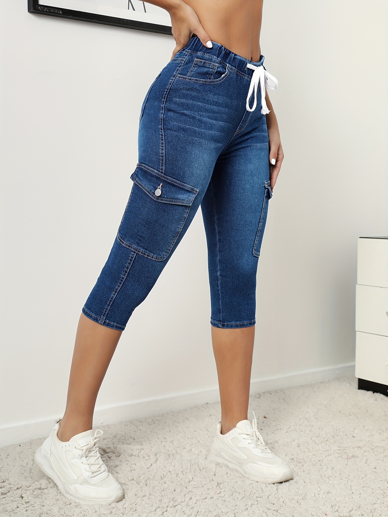 Stretch denim 2024 capris elastic waist